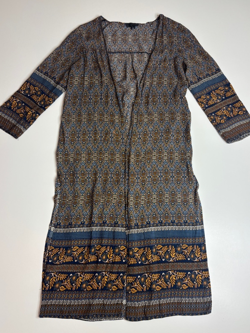 LovPosh Boho Paisley Kimono Duster Cardigan Blue Brown Open Front L